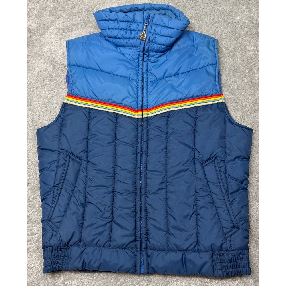 Vintage 80s Pacific Trail Puffer Vest Adult M Blue Color Block Rainbow Stripe